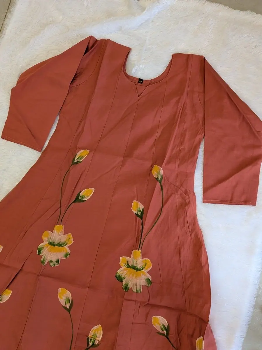 Light Peach Mul Chanderi Brush Painted Frock