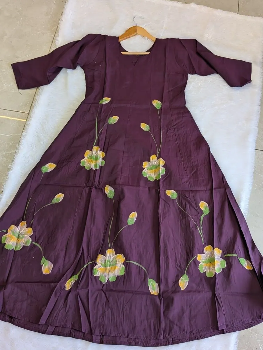 Wine Colour Mul Chanderi Brush Painted Frock