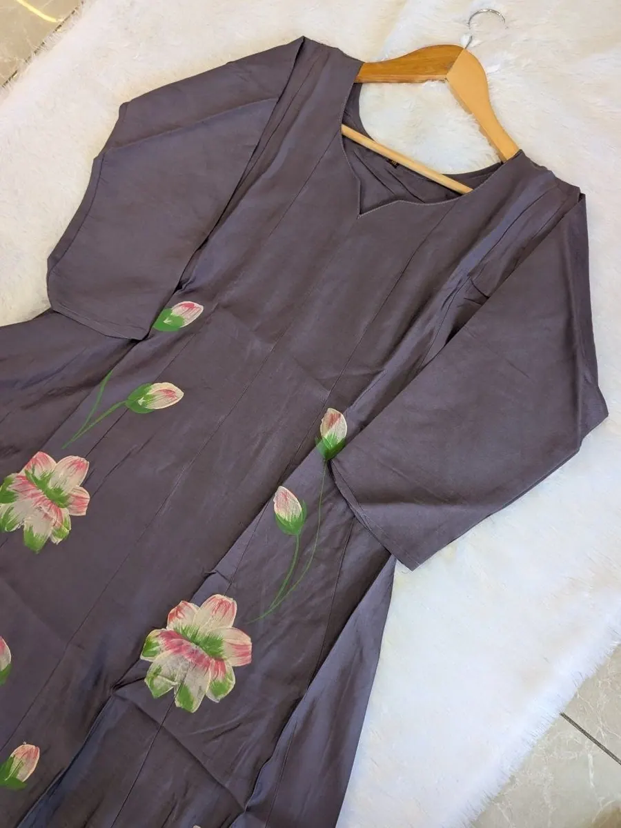 Dark Grey Mul Chanderi Brush Painted Frock