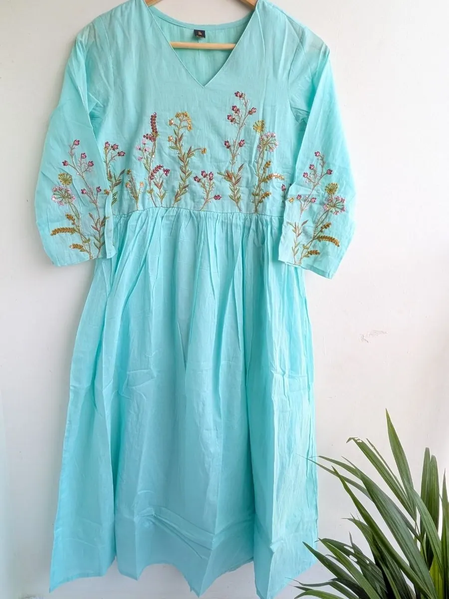 Aqua Blue Pure Mul Cotton 3 PC Kurta Set