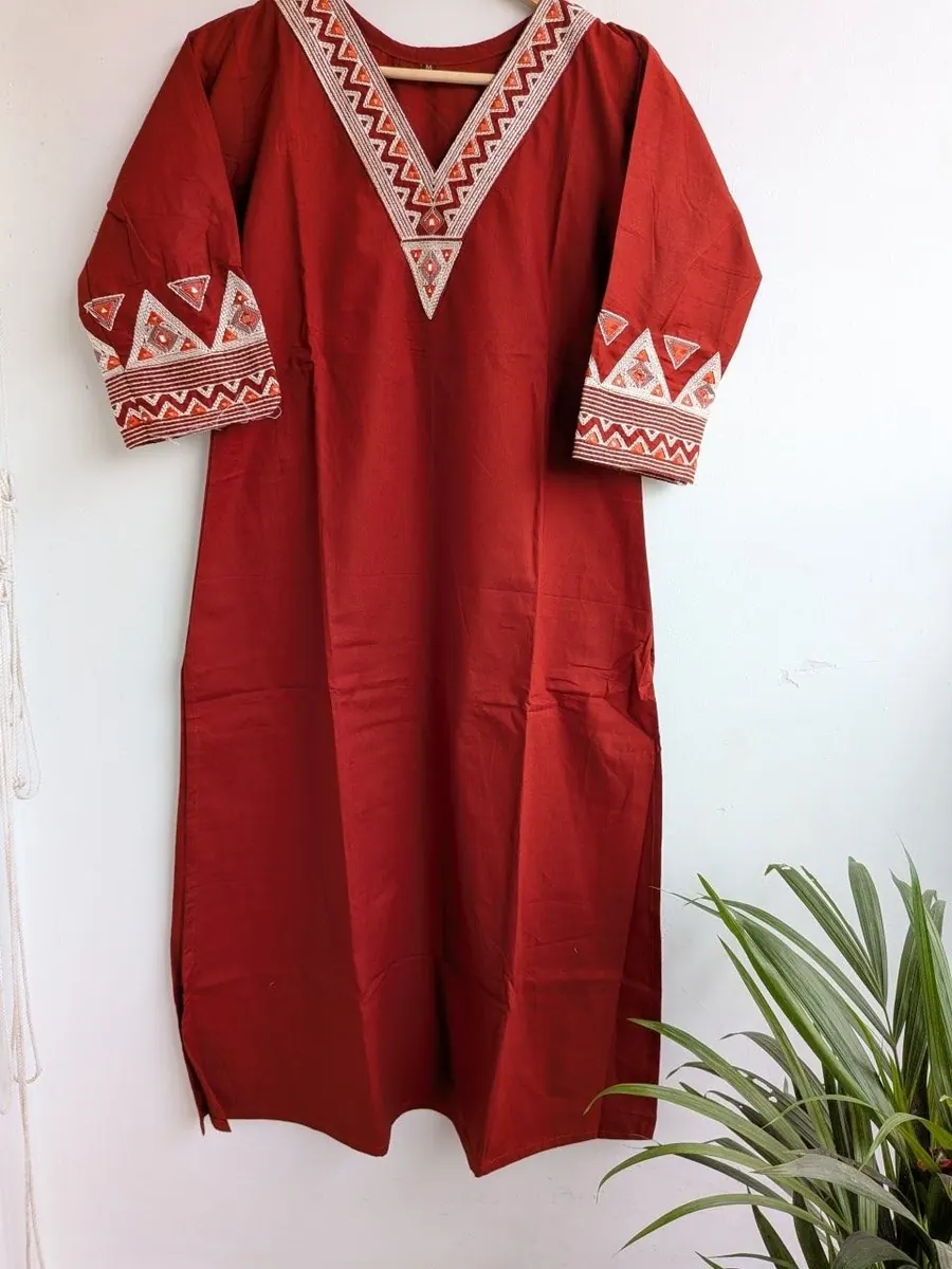 Brick Red Embroidered Cotton 3 Piece Kurta Set