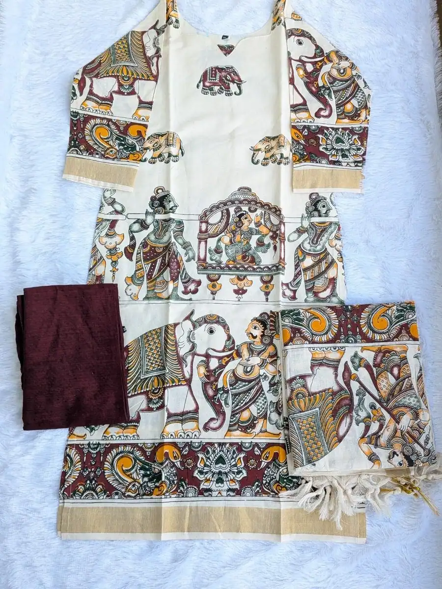 Off White Kalamkari Inspired Linen Cotton 3 Piece Kurta Set