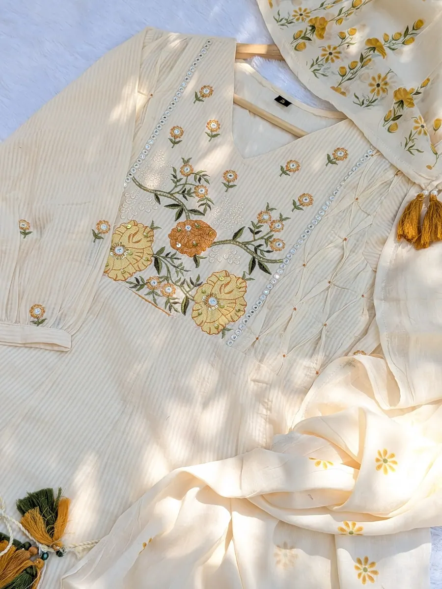 Off White 3 Piece Digital Printed Mul Cotton Kurta Set